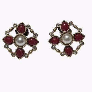 Elegant Retro Floral Red Faux Pearl Gold Tone Earrings Evening Formal Jewelry